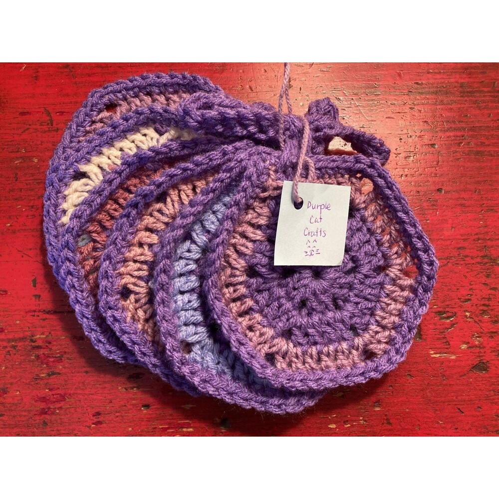 PURPLE CAT CRAFTS Handmade Crocheted Coasters Lot of 6 Purple Blue & More Colors